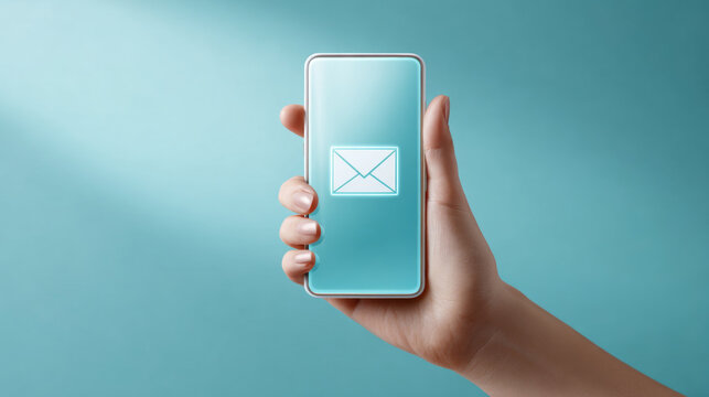 Hand holding smartphone with email envelope icon on screen against blue background symbolizing digital communication and messaging