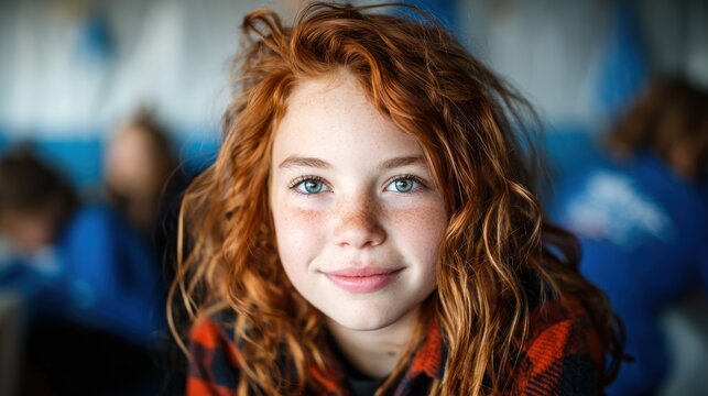 A young girl with striking red hair and freckles smiles brightly, radiating joy and innocence. Her captivating gaze invites warmth and connection, symbolizing childhood's beauty.