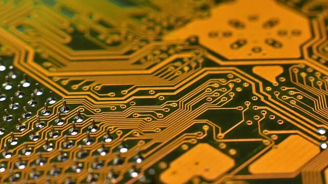 Close-up view of a printed circuit board showing intricate copper traces and metallic pads, highlighting the detailed electronic connections and components in a technology setting