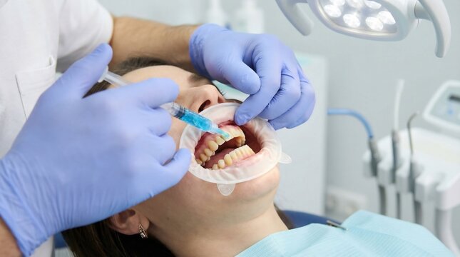 Dentist wearing blue gloves applies a light-cured bleaching agent to the teeth of a patient using a specialized applicator tool during a whitening session.