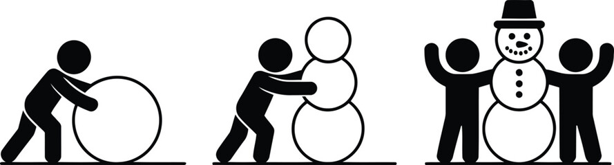 Two joyful stick figures celebrate standing proudly beside their freshly built snowman wearing a hat