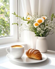 Fresh croissant and coffee by the window.