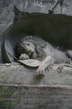 Vertical view of the Lion Monument in Lucerne, Switzerland, known as L&ouml;wendenkmal, showing the monumental lion carved into a natural rock wall above a quiet reflective pool. 