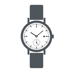 An illustration of a watch with a white face and dark gray band on a plain background.