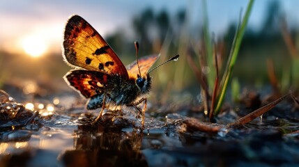 Obraz premium An intricate butterfly rests on wet ground, reflecting brilliant colors in the golden sunlight, embodying the delicate balance of life and beauty found in nature.