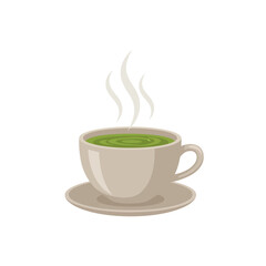 Obraz premium An illustration of a steaming cup of green tea on a saucer.