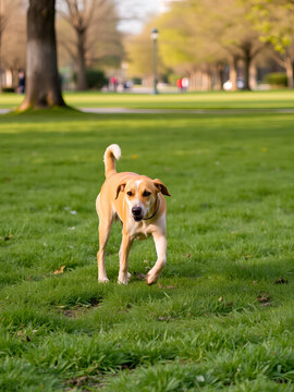 A limping street dog strolling on the green grass meadow in the park.