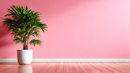 A verdant indoor plant displayed in a white pot against a vibrant pink wall, creating a calming yet energetic atmosphere ideal for modern living spaces.
