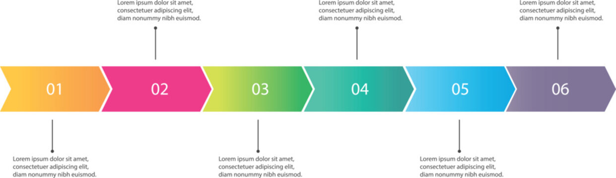Horizontal Business Process Infographic Template with Six Steps. Colorful Arrow Timeline for Workflow Development and Project Management Presentation.