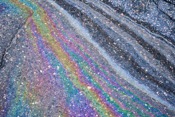 Fototapeta premium Oil slick creating vibrant rainbow patterns on a wet asphalt road, highlighting the beauty and danger of fuel spills