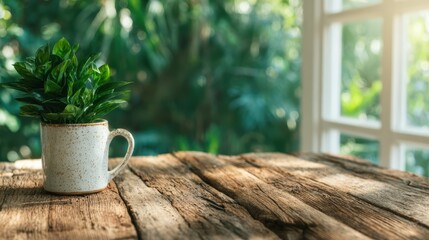 A small potted green plant sits on a rustic wooden table, beautifully illuminated by natural sunlight, creating a peaceful ambiance of nature and tranquility in the space.
