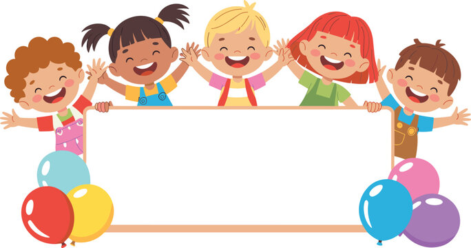 Cartoon Children of Different Ethnicities Holding a Blank Banner with Colorful Balloons for Celebration, Party, and Event Designs