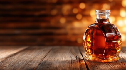 A beautifully crafted glass bottle sits elegantly on a rustic wooden table, illuminated by soft ambient light, creating an inviting, warm atmosphere perfect for decor.