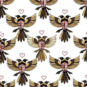 Beautiful seamless pattern featuring two-headed birds with hearts on a white background