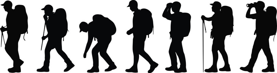 Various silhouettes of men hiking with backpacks and trekking poles across a clear white background