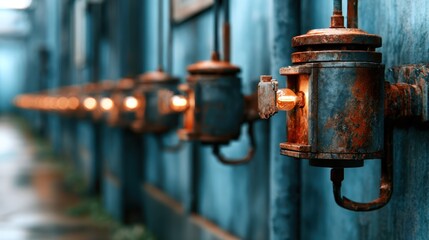 An artistic capture of rusty industrial pipes paired with warm glowing lights, presenting a unique blend of decay and beauty in a vintage industrial atmosphere.