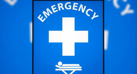 Obraz premium Emergency Medical Cross Sign on Blue Background