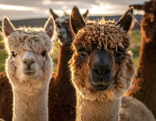 Fototapeta premium Close-up of multiple alpaca faces at eye level, showcasing their fluffy, textured coats with soft lighting