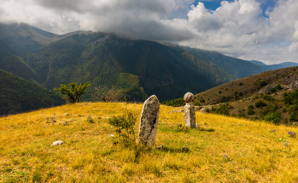 Stecak tombstones on a hill overlooking Konjic mountains, Bosnia Herzegovina.