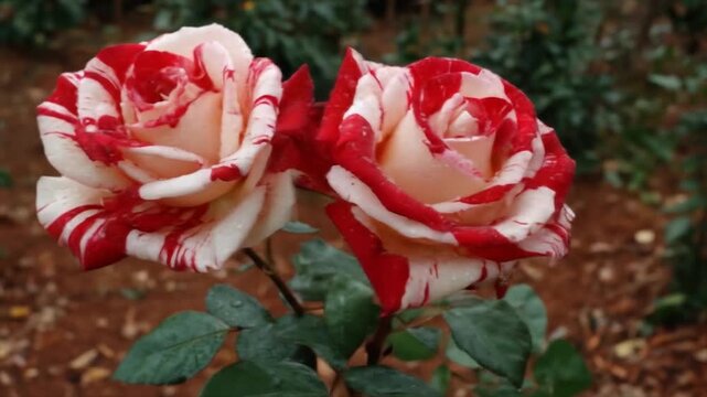 Close up of blooming roses with red and white striped petals in garden