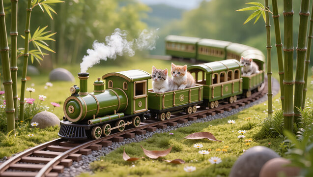 Miniature Bamboo Train with Playful Kittens in Natural Meadow