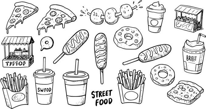 Hand-drawn doodle street food collection featuring pizza, french fries, donuts, corn dogs, hot and cold drinks, and charming food stalls in a black and white sketch style.