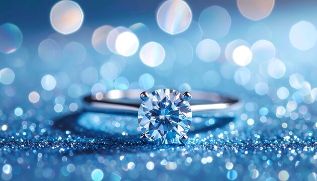 A diamond ring on a sparkling blue glittery surface