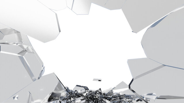 Broken glass bottom border with falling sharp fragments and large shards isolated on transparent background for realistic window damage overlay effect shattered surface with jagged crystal pieces