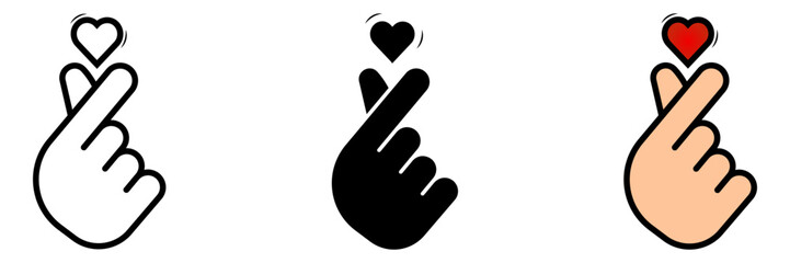 korean heart icon set. Illustration of a hand gesture showing a finger heart sign in three styles. © Uswa KDT