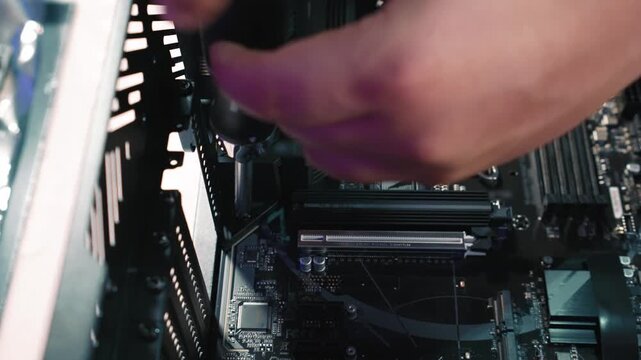 Securing bolt in top left corner of computer motherboard with screwdriver, close-up view focused on case and board details
