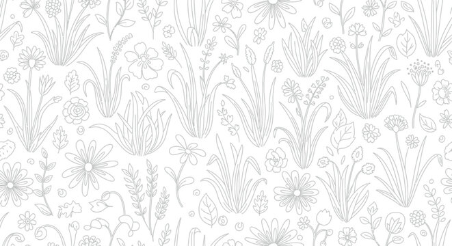 Delightful seamless pattern featuring charming hand drawn doodle wildflowers and various leafy meadow grasses presented in simple black line art outlines suitable for coloring