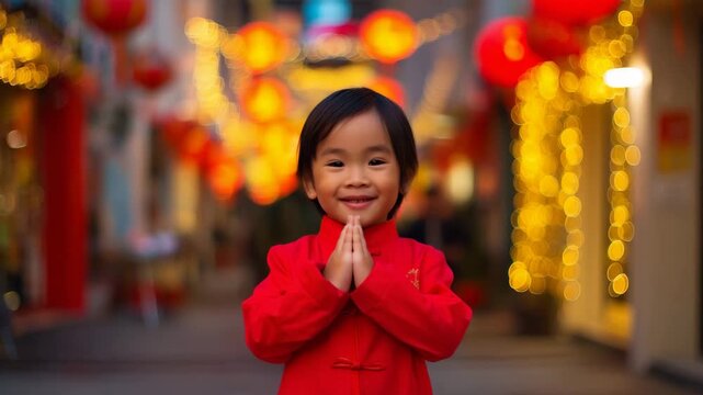 a small Asian child in a vivid red festive Chinese jacket, standing on a decorated street at night. Subject is centered and sharply focused, look traditional dress, cute, kid, youth, vibrant, standing