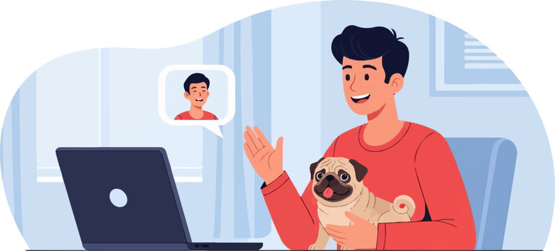 Person with pug on video call with friend and laptop