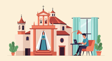 Person working on laptop near church with statue and plants