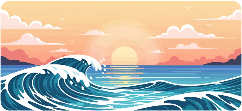 Pixelated ocean waves crash under a warm, pastel sunset sky with distant islands