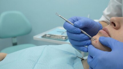 Dermatologist wearing blue gloves gently probes a small blemish on a patient's lower face during a cosmetic procedure.