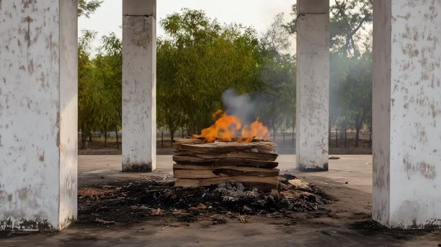wood pyre with burning flames on top, orange fire visible and thin gray smoke risin open-air cremation, traditional cremation, firewood, heat, ashes, spiritual ceremony, outdoor fire, death customs