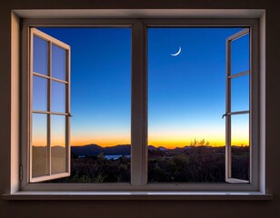 Fototapeta premium Open Window View of a Dusk Sky with Crescent Moon