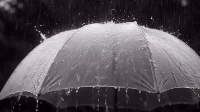 Raindrops Falling on a Transparent Umbrella in Black and White