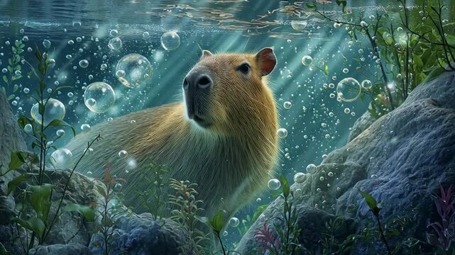 A capybara swims through a serene aquatic environment surrounded by lush vegetation and sunlight filtering through the water's surface