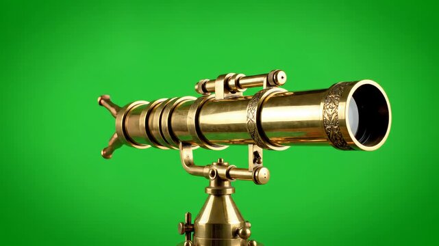Vintage brass telescope is positioned on metal tripod against clean green studio background