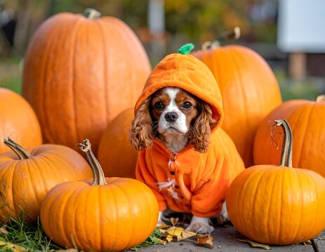 A dog in a pumpkin costume sits among several pumpkins