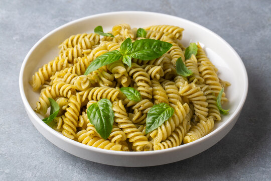 Fusilli pasta, spiral or spirali pasta with Basil Sauce or Pesto sauce