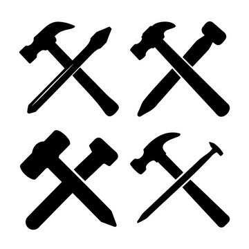 Black silhouette designs featuring crossed hammers and various construction nails