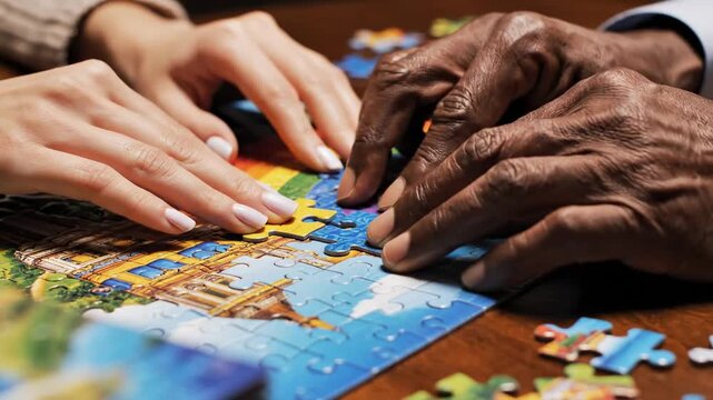 Diverse Hands Collaborating on a Colorful Jigsaw Puzzle Featuring Eiffel Tower and Rainbow Scene