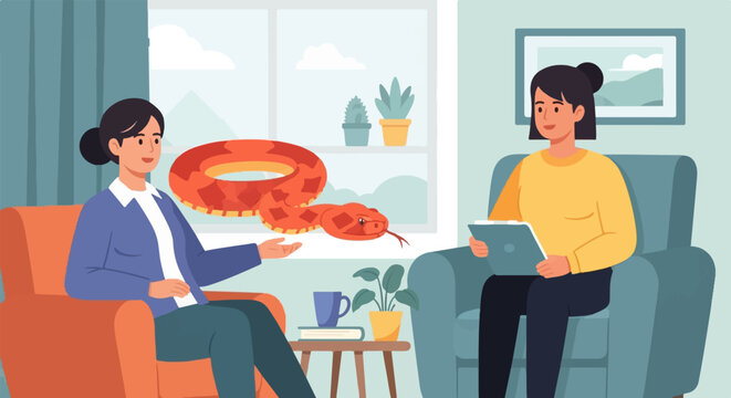 Therapy session with a patient confronting a coiled serpent