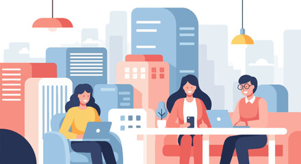 Naklejka premium Three diverse individuals collaborate on laptops in a stylized urban office setting