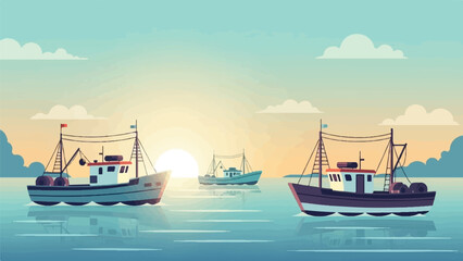 Obraz premium Three fishing boats sail across a tranquil sea at sunrise