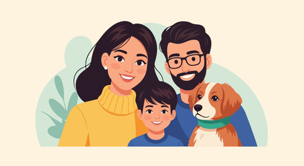 Fototapeta premium Stylized illustration of a happy family with a dog, smiling warmly