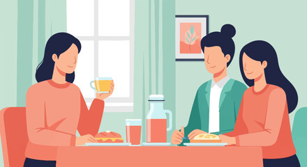 Three people enjoy breakfast at a table with drinks and food
